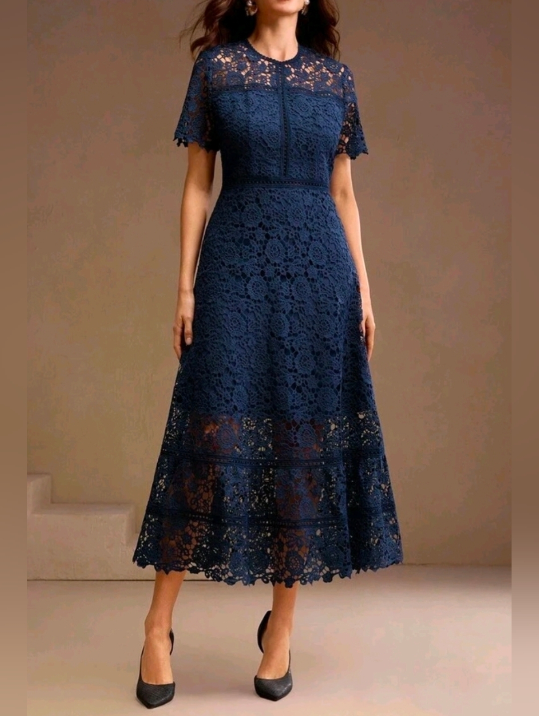 New Embroidered Floral Lace Ruffle Hem Midi Dress Short Sleeve Navy Blue